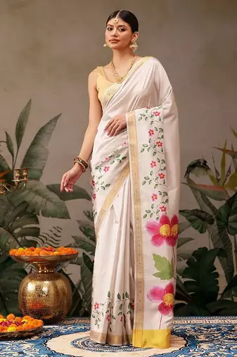 White printed silk blend ethnic saree with blouse piece