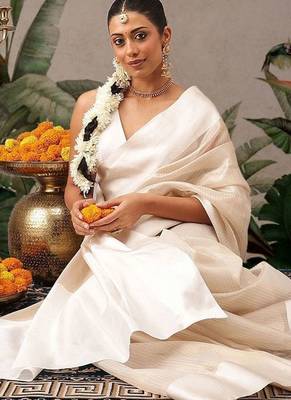 off white zari woven silk blend saree 2