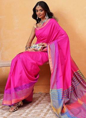 Pink plain art silk traditional saree with blouse piece 4