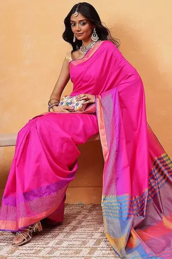 Pink plain art silk traditional saree with blouse piece
