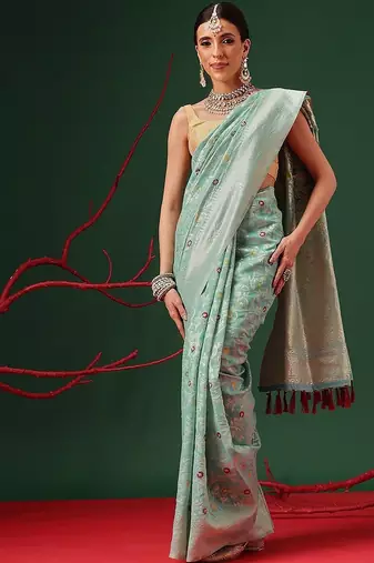 Sea green woven cotton blend traditional saree with blouse piece