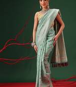 Sea green woven cotton blend traditional saree with blouse piece