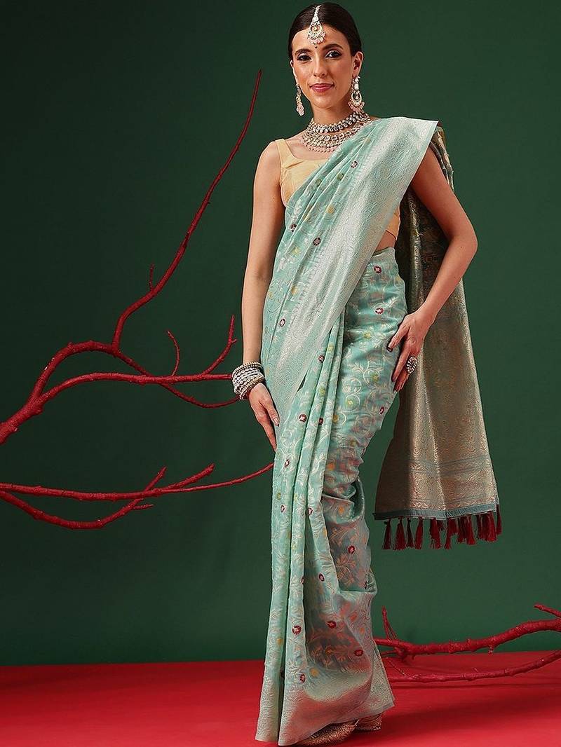 Sea green woven cotton blend traditional saree with blouse piece