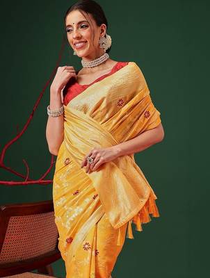 Yellow woven cotton blend traditional saree with blouse piece 2