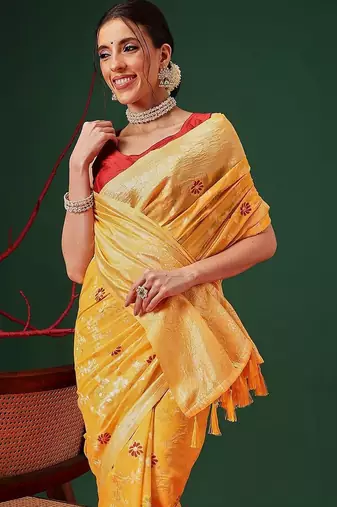 Yellow woven cotton blend traditional saree with blouse piece