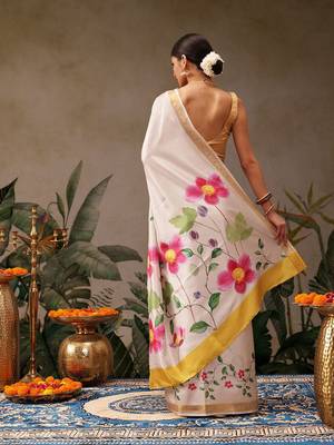 white floral printed silk blend saree with blouse 3