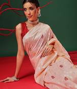 Pink woven cotton blend traditional saree with blouse piece