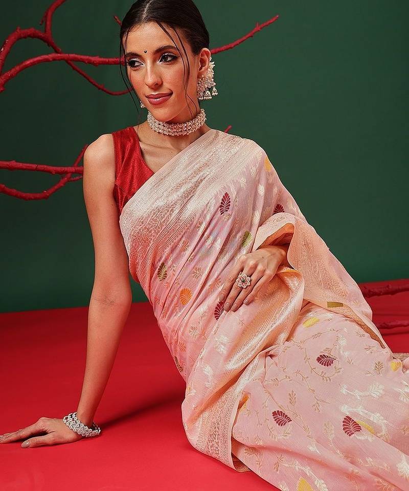 Pink woven cotton blend traditional saree with blouse piece