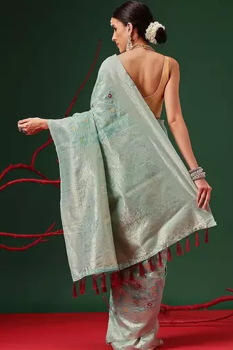 Sea green woven cotton blend traditional saree with blouse piece
