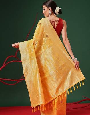 Yellow woven cotton blend traditional saree with blouse piece 3