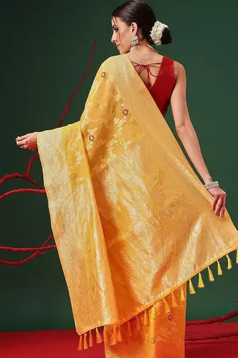 Yellow woven cotton blend traditional saree with blouse piece