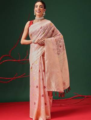 Pink woven cotton blend traditional saree with blouse piece 2