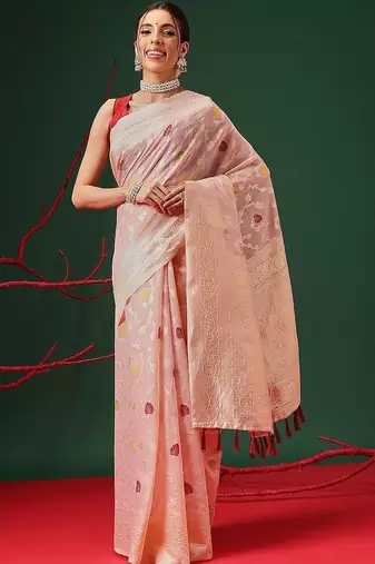 Pink woven cotton blend traditional saree with blouse piece