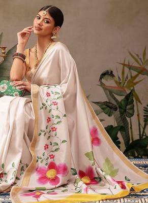 white floral printed silk blend saree with blouse 4