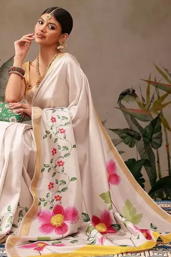 White printed silk blend ethnic saree with blouse piece