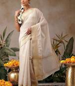 Off white woven cotton blend traditional saree with blouse piece