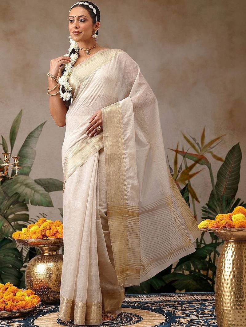 Off white woven cotton blend traditional saree with blouse piece