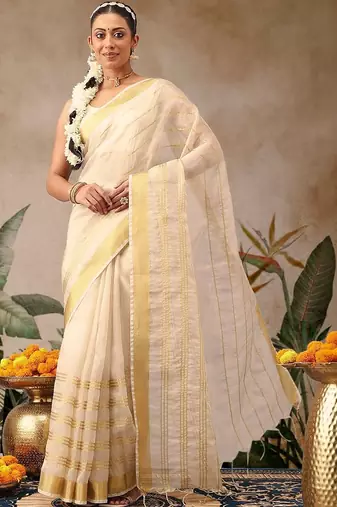 Off white woven silk blend ethnic saree with blouse piece