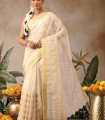 Off white woven silk blend ethnic saree with blouse piece
