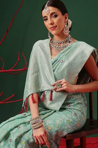 Sea green woven cotton blend traditional saree with blouse piece