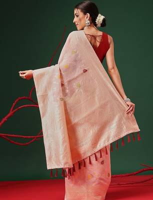 Pink woven cotton blend traditional saree with blouse piece 3