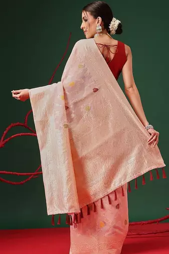 Pink woven cotton blend traditional saree with blouse piece