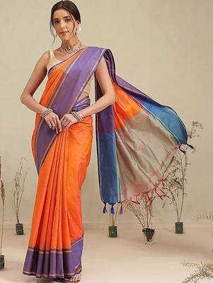 Orange woven art silk traditional saree with blouse piece 1