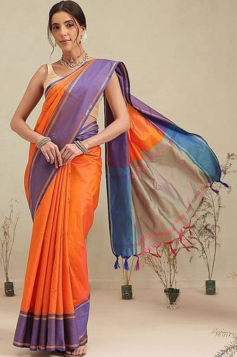 Orange woven art silk traditional saree with blouse piece