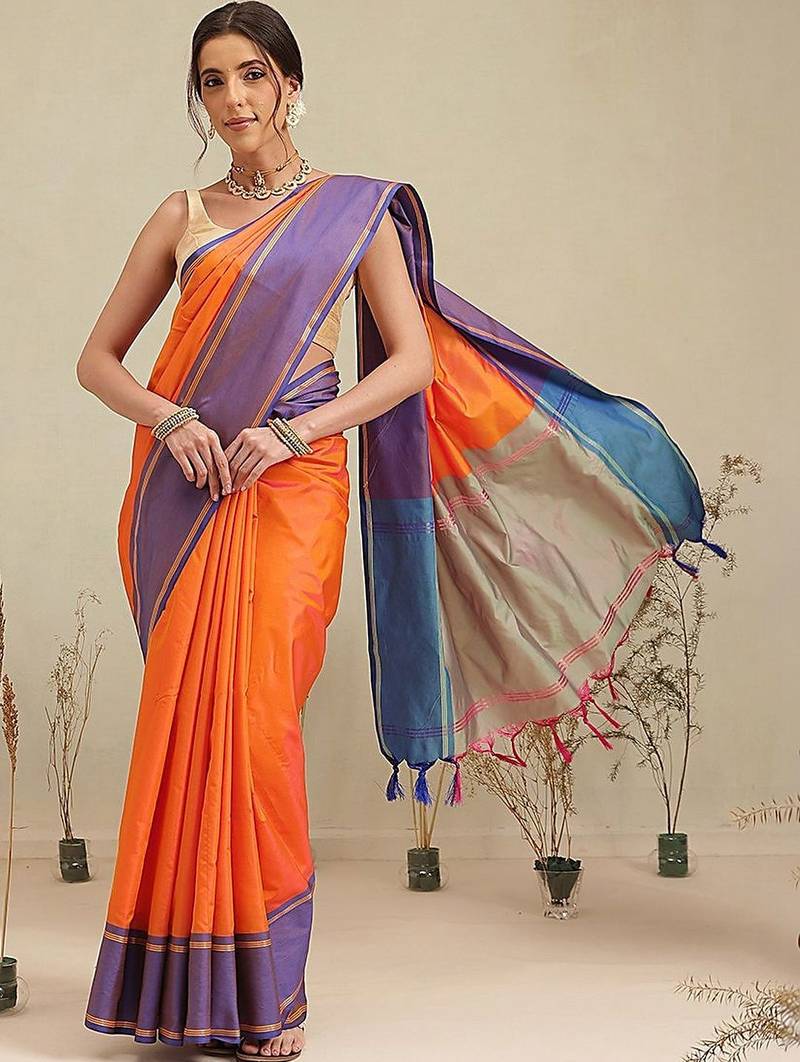 Orange woven art silk traditional saree with blouse piece