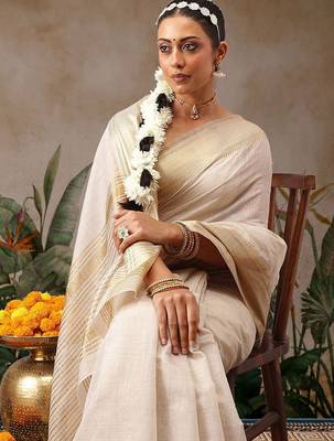 off white woven cotton blend saree with blouse 2