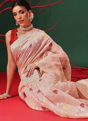 Pink woven cotton blend traditional saree with blouse piece 4