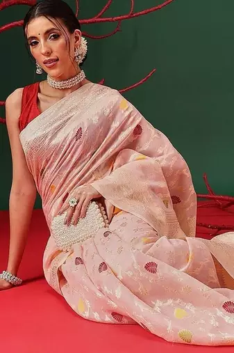Pink woven cotton blend traditional saree with blouse piece