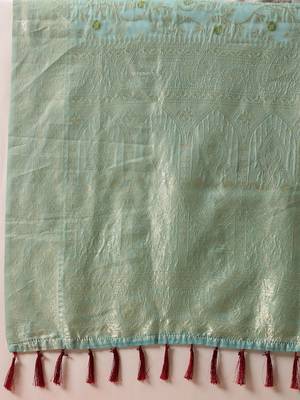 Sea green woven cotton blend traditional saree with blouse piece 4