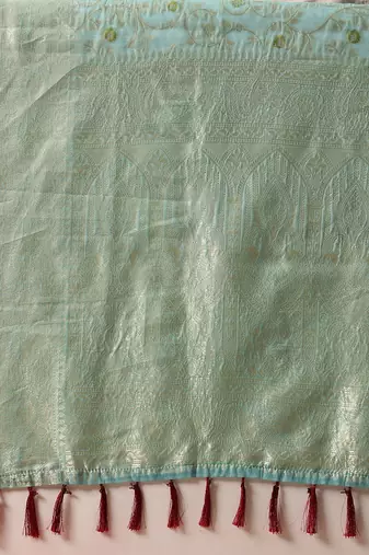 Sea green woven cotton blend traditional saree with blouse piece