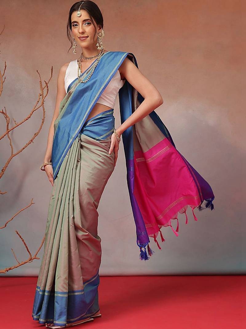 Multicolor woven art silk traditional saree with blouse piece