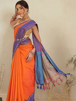 Orange woven art silk traditional saree with blouse piece 2