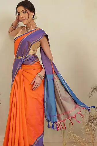 Orange woven art silk traditional saree with blouse piece