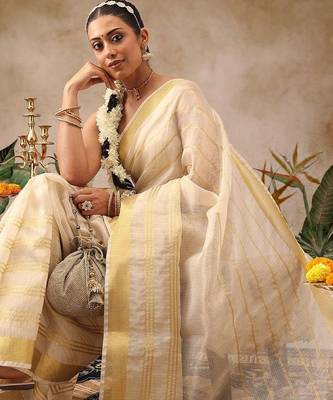 Off white woven silk blend ethnic saree with blouse piece 3