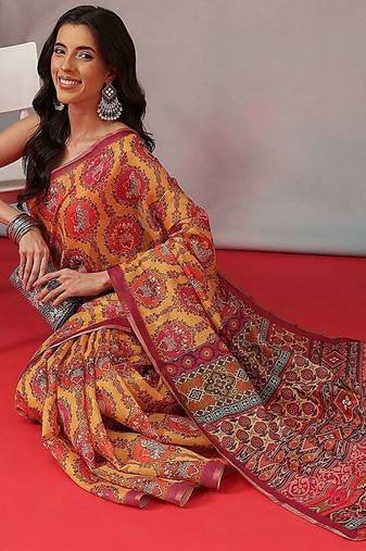 Yellow printed cotton blend ethnic saree with blouse piece