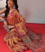 Yellow printed cotton blend ethnic saree with blouse piece