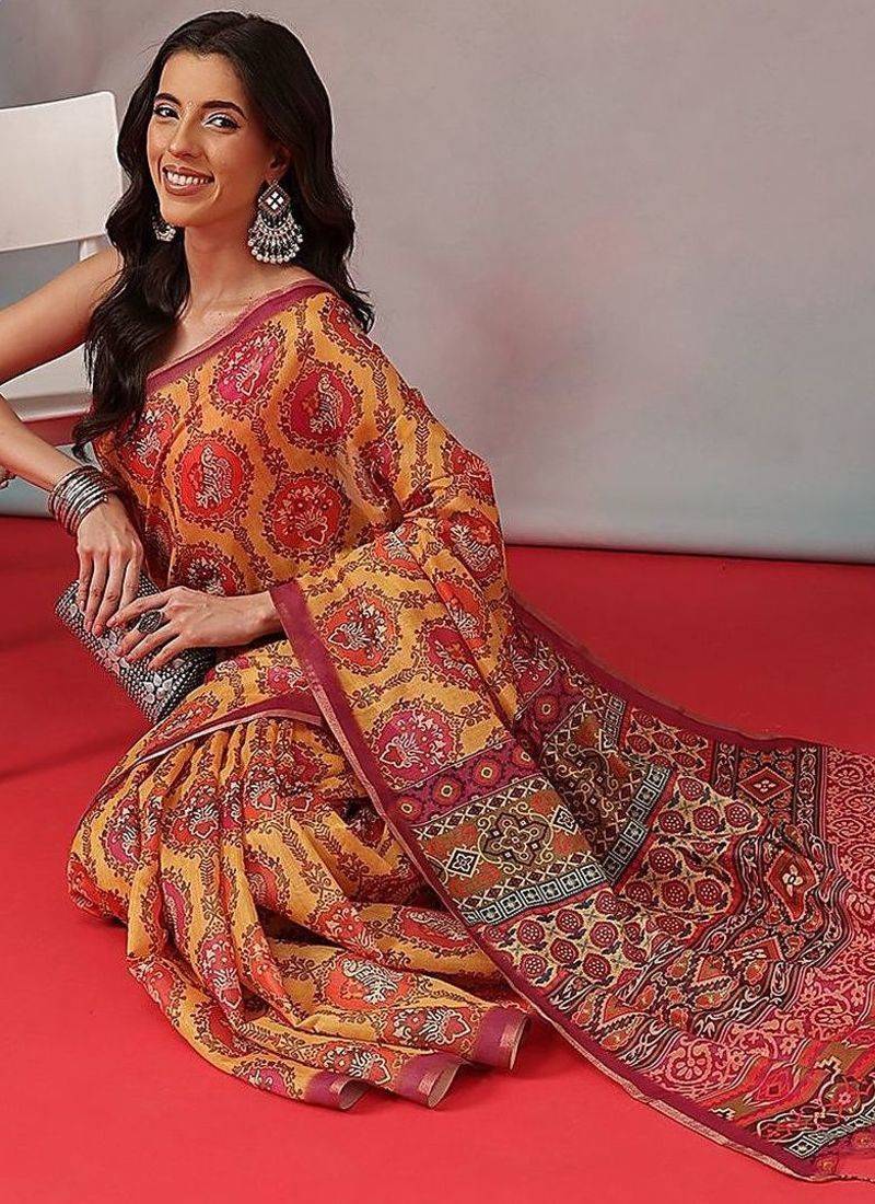 Yellow printed cotton blend ethnic saree with blouse piece
