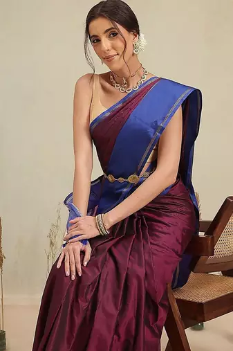 Maroon woven art silk traditional saree with blouse piece