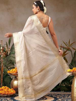 off white woven cotton blend saree with blouse 3
