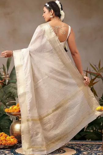 Off white woven cotton blend traditional saree with blouse piece