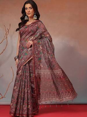 Brown printed cotton blend ethnic saree with blouse piece 1