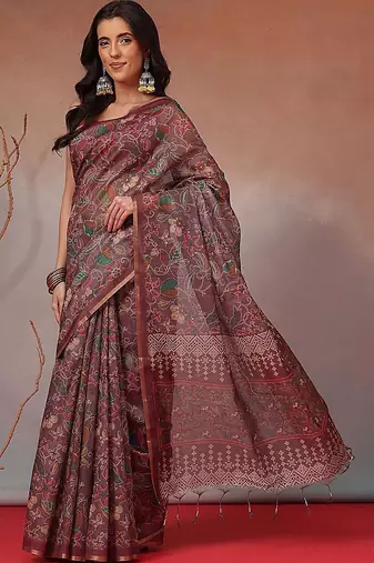 Brown printed cotton blend ethnic saree with blouse piece