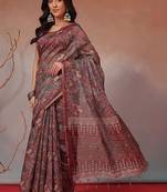 Brown printed cotton blend ethnic saree with blouse piece