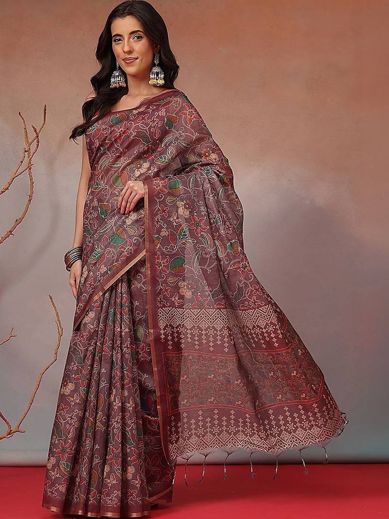 Brown printed cotton blend ethnic saree with blouse piece