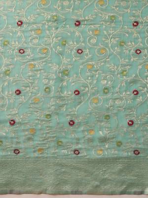 Sea green woven cotton blend traditional saree with blouse piece 5