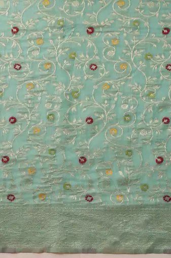Sea green woven cotton blend traditional saree with blouse piece